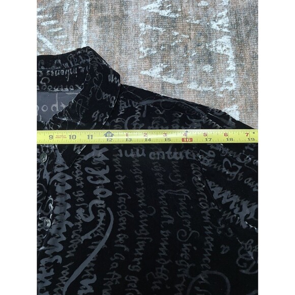 Vintage 90s Black Velvet Burnout Script Print Top Silk Blend Semi Sheer Boho L - Picture 13 of 16